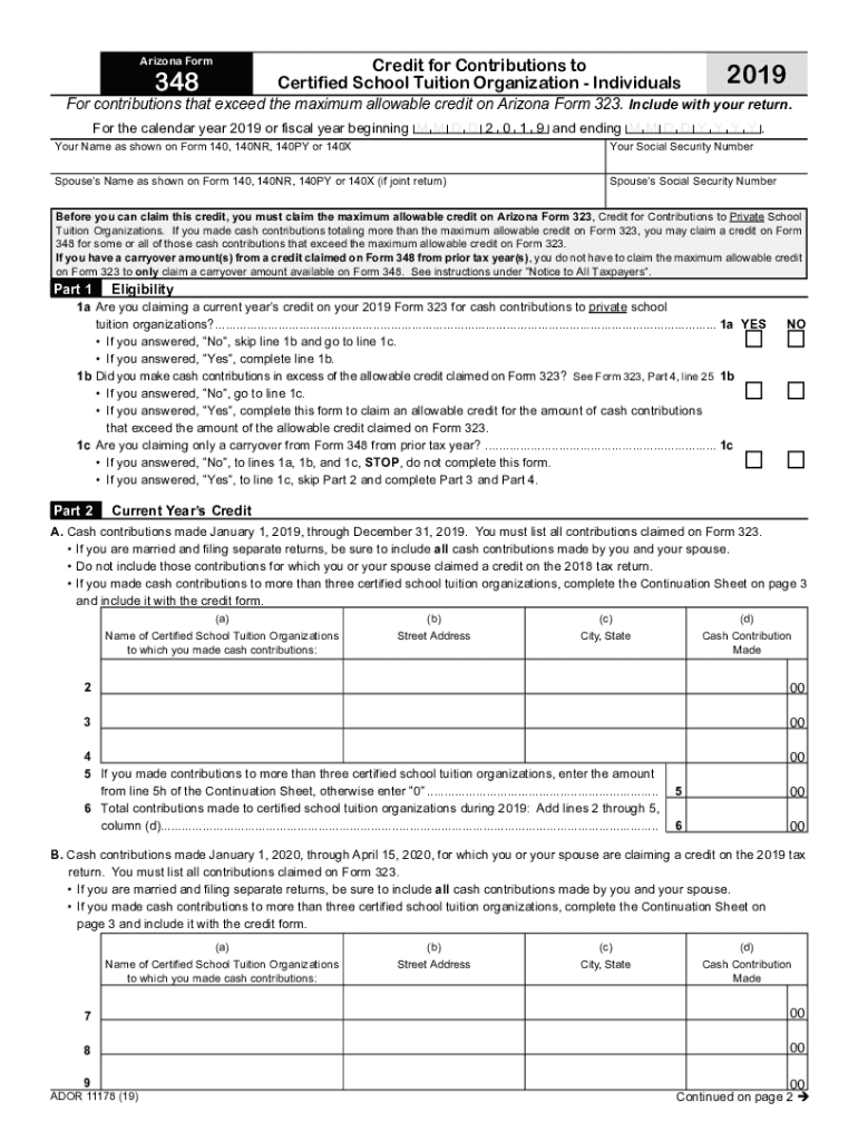 Printable 2020 Arizona Form 348 (Credit for Contributions to Certified School Tuition Organization - Individuals) Preview on Page 1