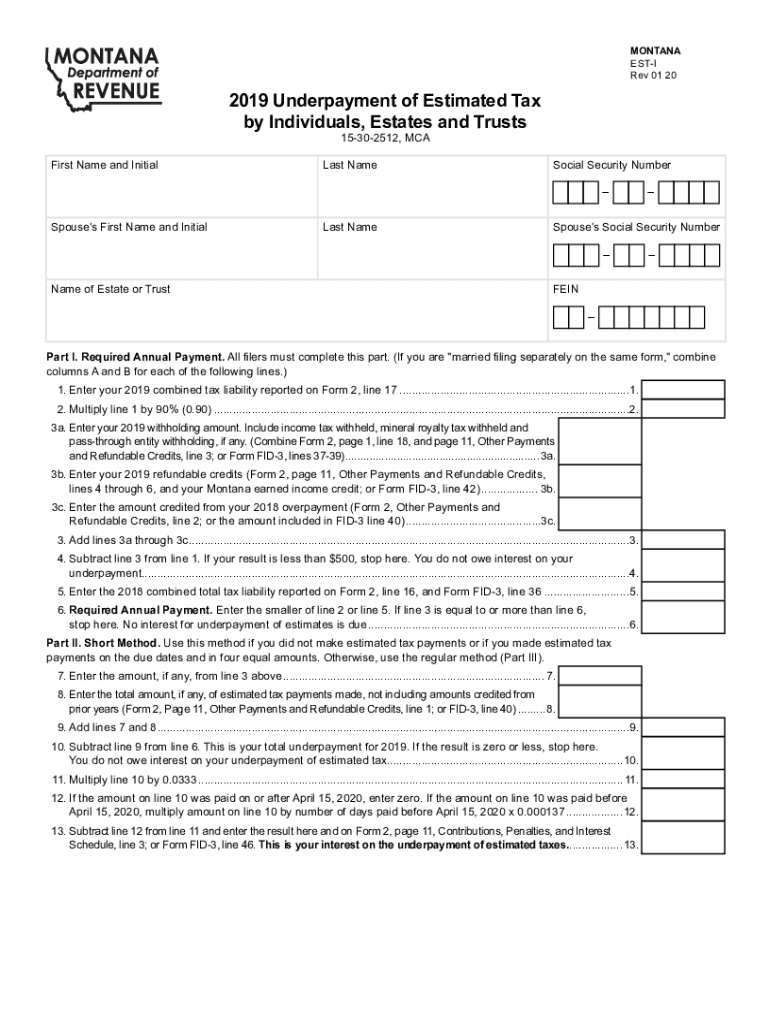 Printable 2020 Montana Form EST-I (Underpayment of Estimated Tax by Individuals and Fiduciaries) Preview on Page 1