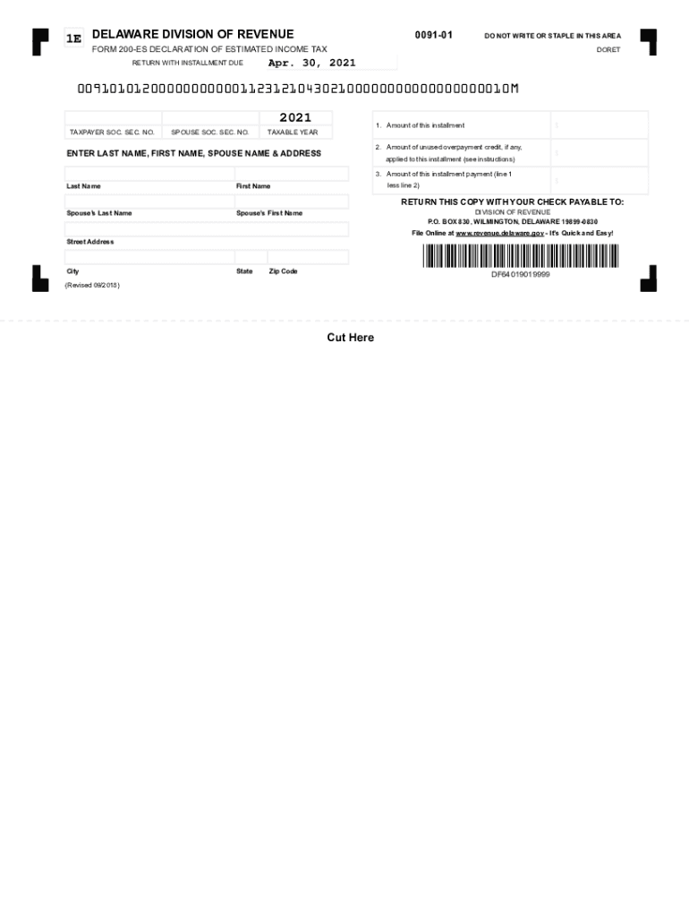 Printable 2020 Delaware Form 200ES Second Quarter (Estimated Income Tax (Second Quarter)) Preview on Page 1