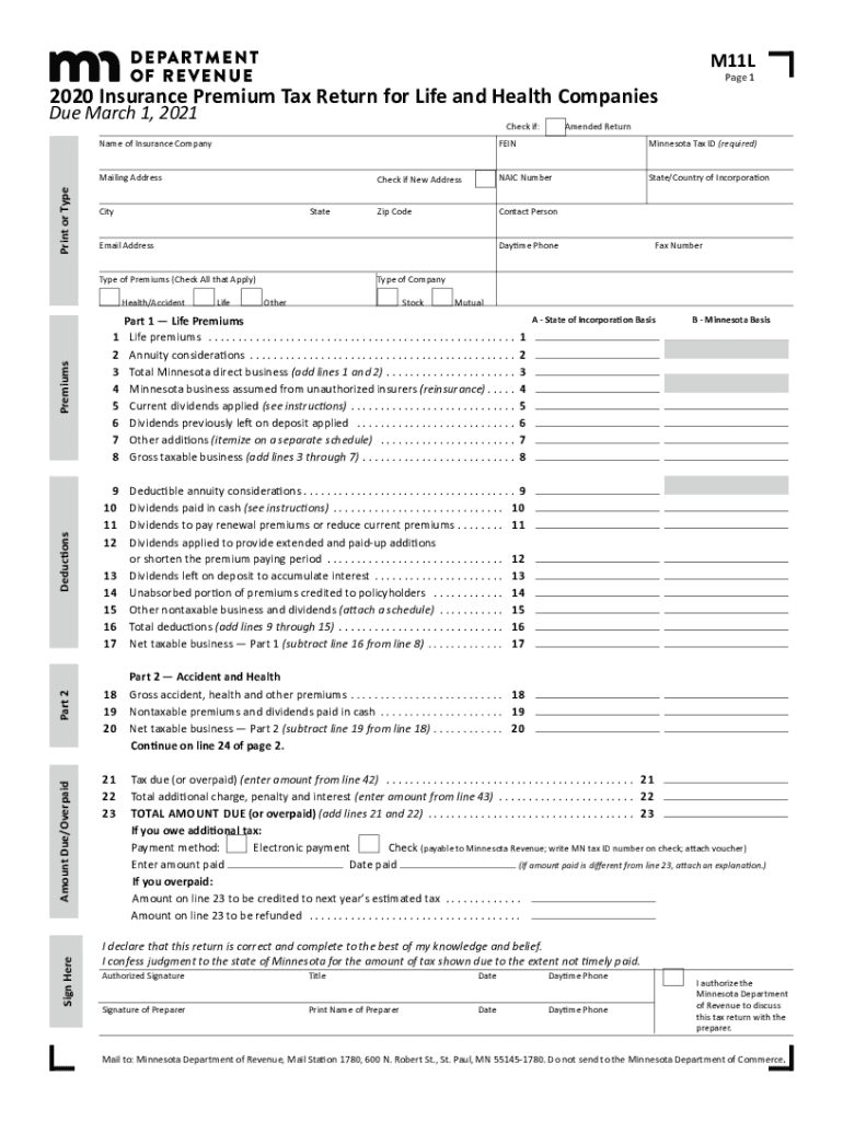 Printable 2020 Minnesota Form M11L (Insurance Premium Tax Return for Life and Health Companies) Preview on Page 1