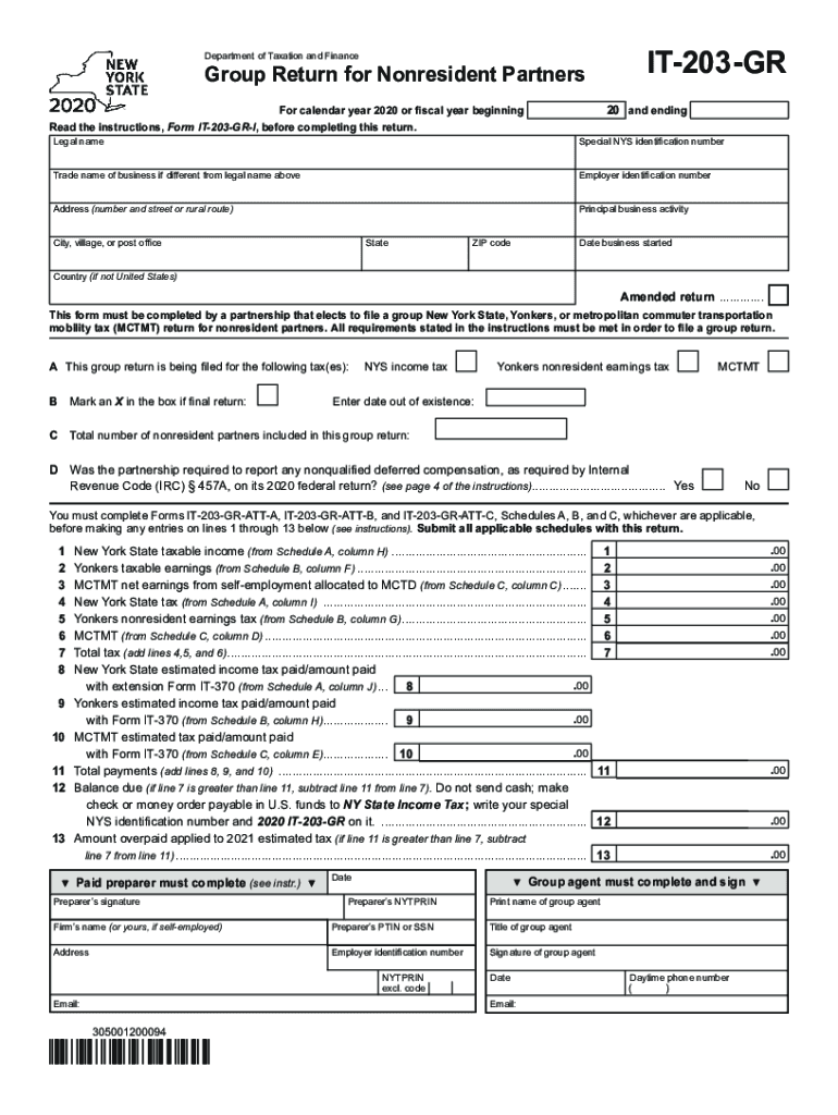 Form IT-203-GR Group Return for Nonresident Partners Tax Year 2020 Preview on Page 1