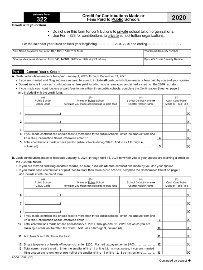 Printable 2020 Arizona Form 322 (Credit for Contributions Made or Fees Paid to Public Schools) Preview on Page 1