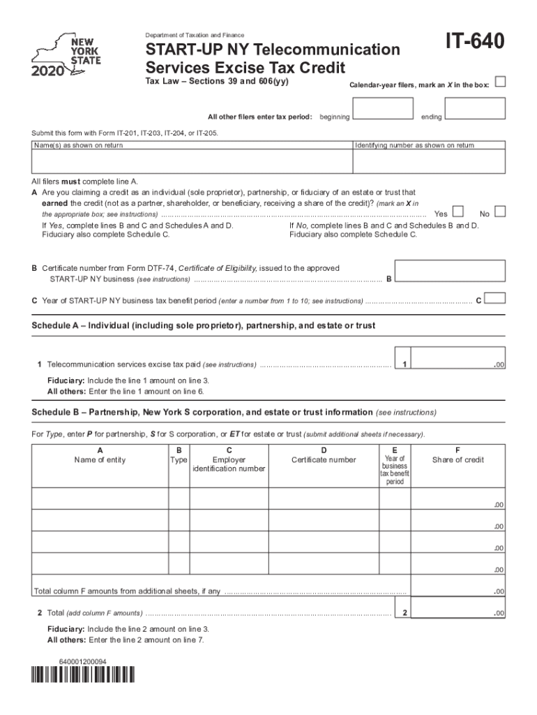 Printable 2020 New York Form IT-640 (START-UP NY Telecommunication Services Excise Tax Credit) Preview on Page 1