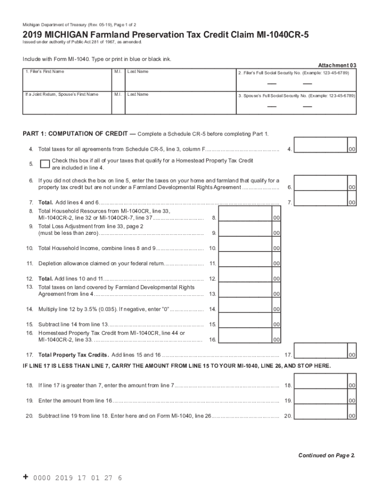 Printable 2020 Michigan Form MI-1040CR-5 (Farmland Preservation Tax Credit Claim) Preview on Page 1