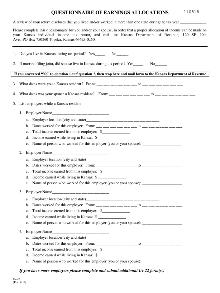 Kansas Form IA-22 (Questionnaire of Earnings Allocation Preview on Page 1