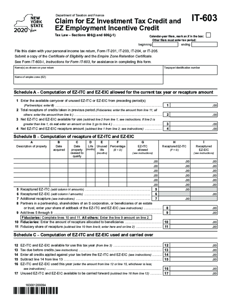 Form IT-603 "Claim for Ez Investment Tax Credit and Ez ... Preview on Page 1