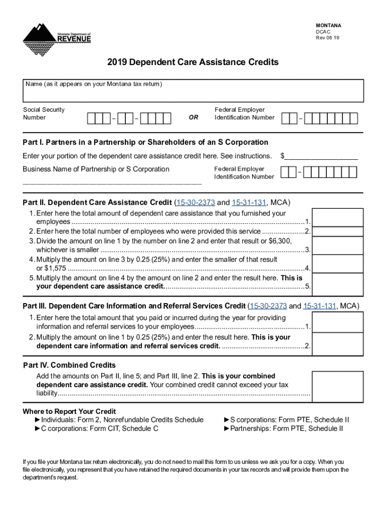 Printable 2020 Montana Form DCAC (Dependent Care Assistance Credits) Preview on Page 1