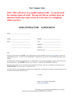 SUBCONTRACTOR CONTRACT AGREEMENT. Subcontractor Agreement