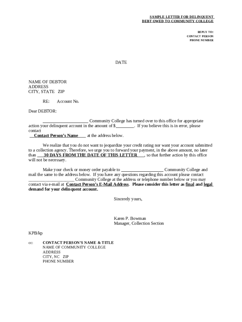 SAMPLE LETTER FOR DELINQUENT Doc Template pdfFiller