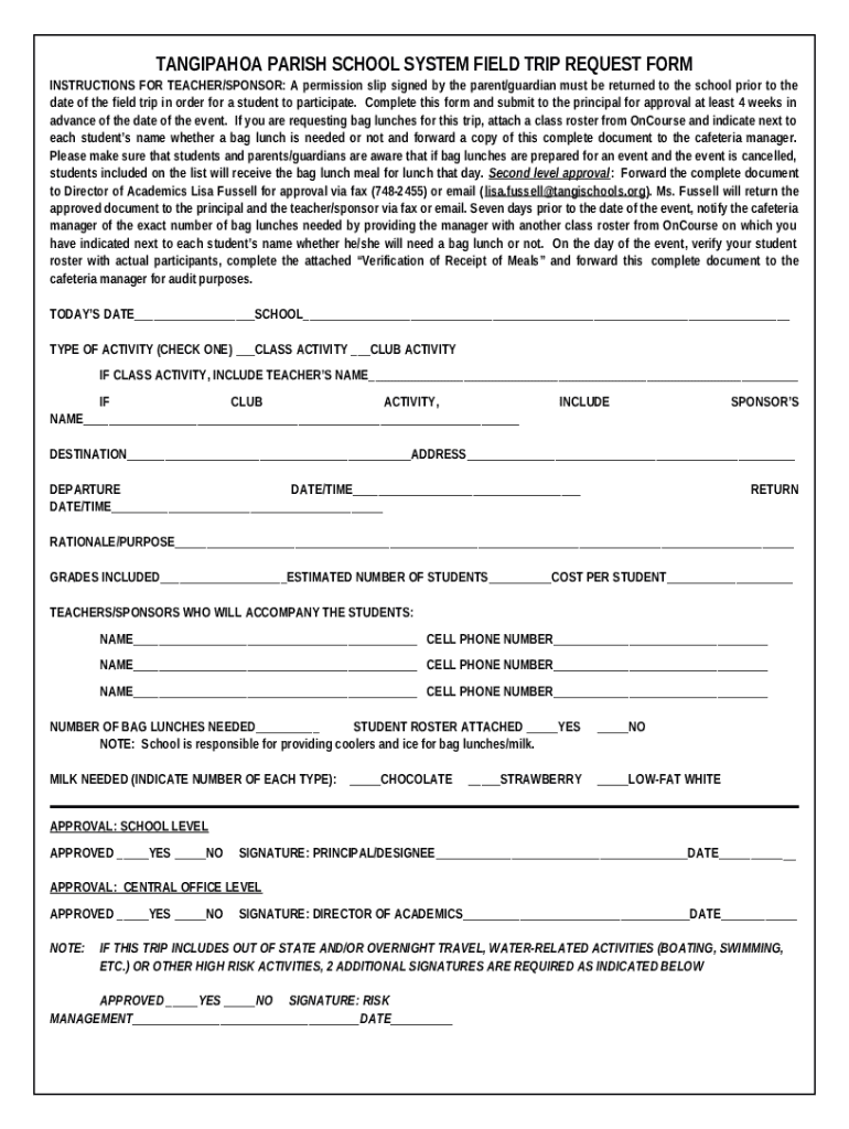 TANGIPAHOA PARISH SCHOOL SYSTEM FIELD TRIP REQUEST Doc Template pdfFiller