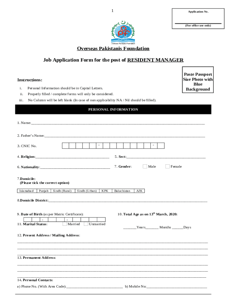 Draft of Application OVERSEAS PAKISTANIS FOUNDATION Doc Template