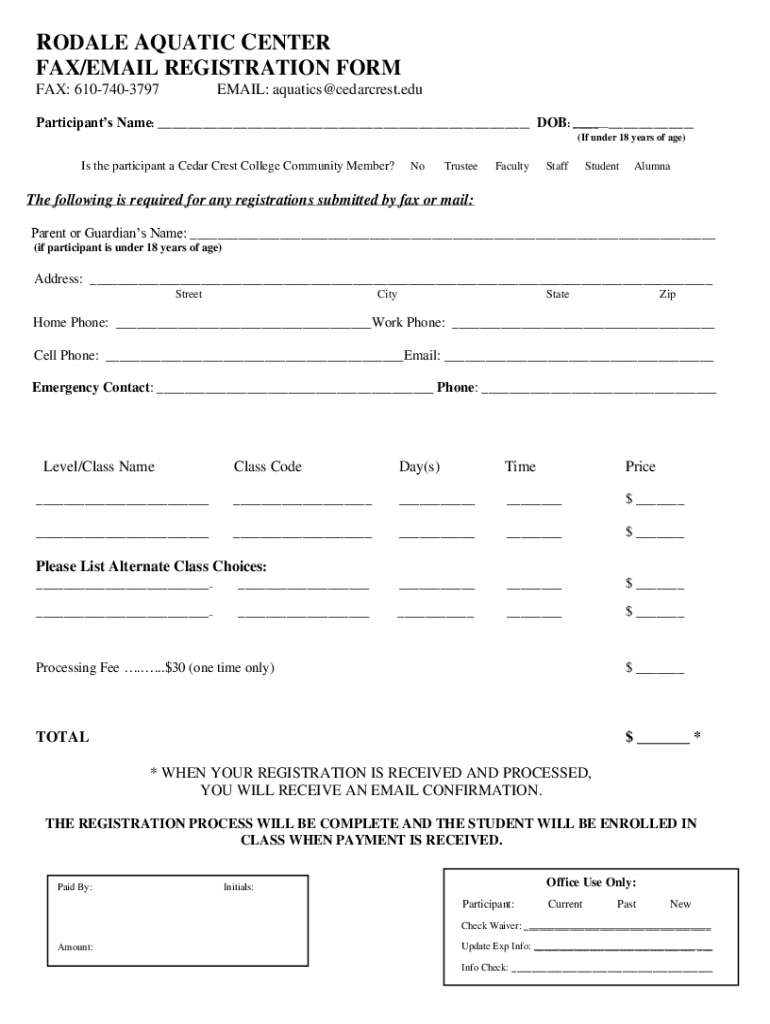 Fillable Online RODALE A ENTER FAX/EMAIL REGISTRATION FORM Cedar