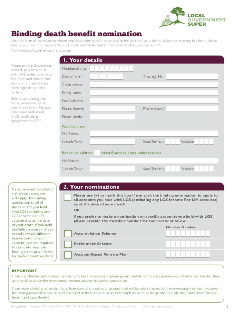 Fillable Online DEATH BENEFIT NOMINATION FORM Optimise Your SMSF