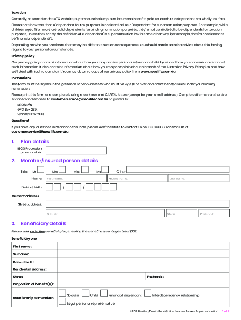 Fillable Online BINDING DEATH BENEFIT NOMINATION FORM SUPERANNUATION