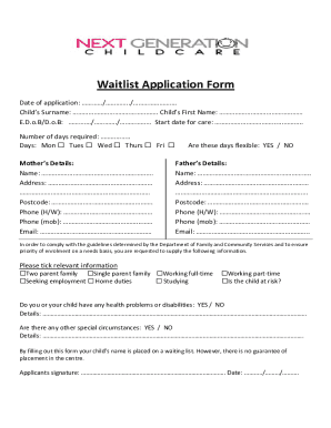 Waitlist Application Form - Next Generation Childcare