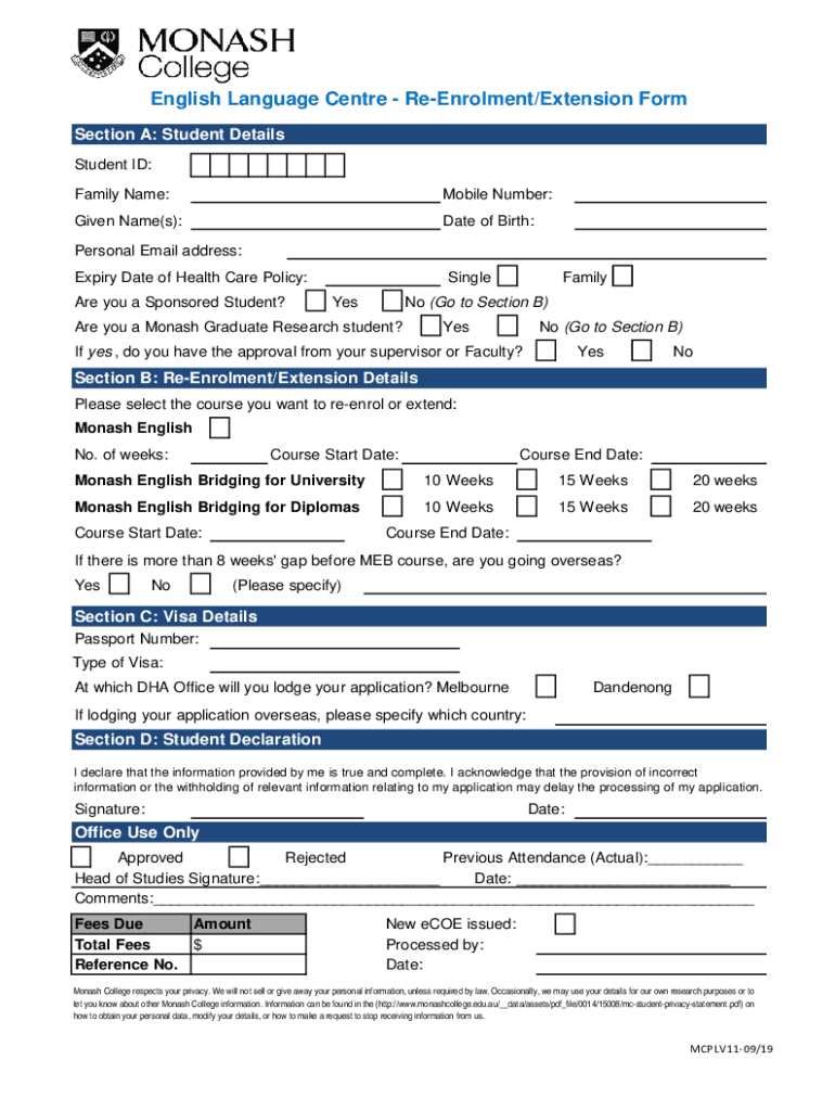 Fillable Online ReEnrolment/Extension Form Monash College Fax Email