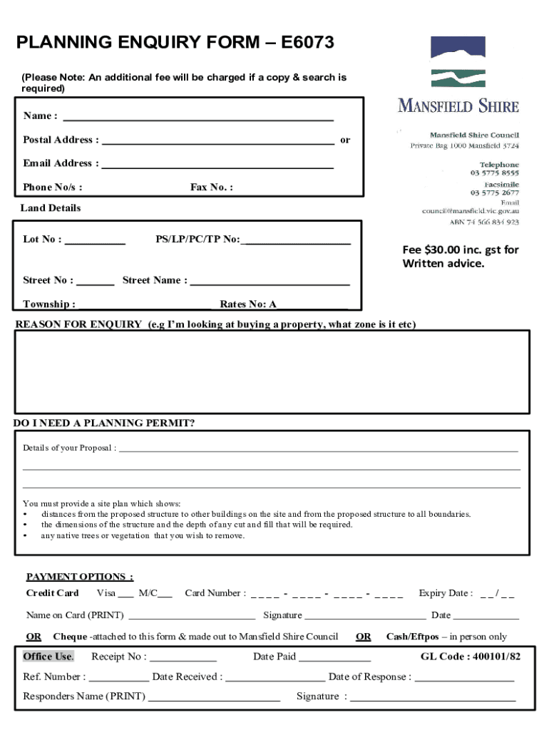 Fillable Online PLANNING ENQUIRY FORM Shire of Mansfield Fax Email