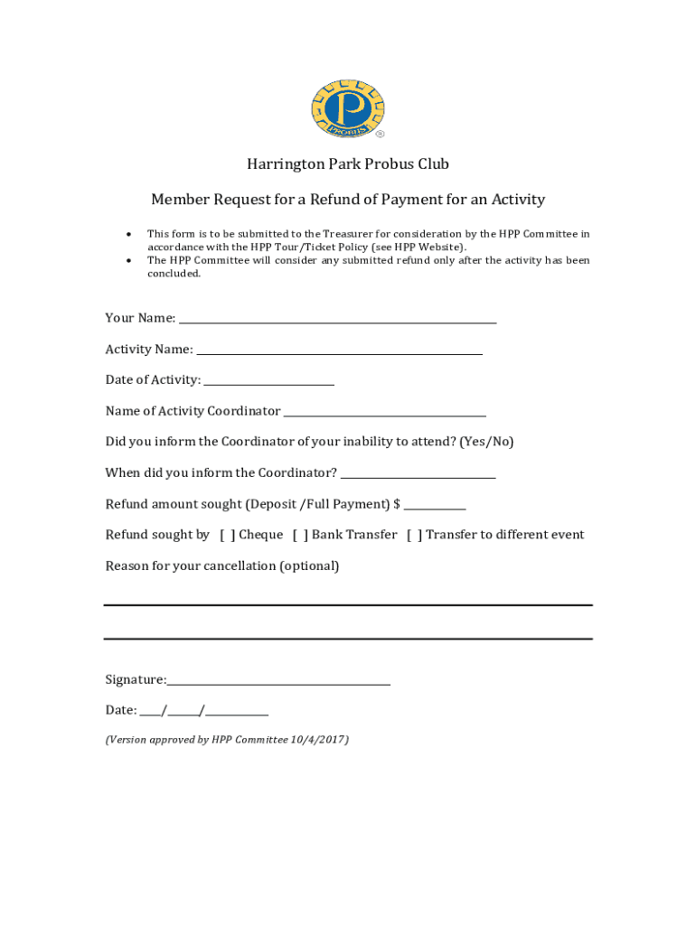 Fillable Online Harrington Park Probus Club Member Request for a Refund