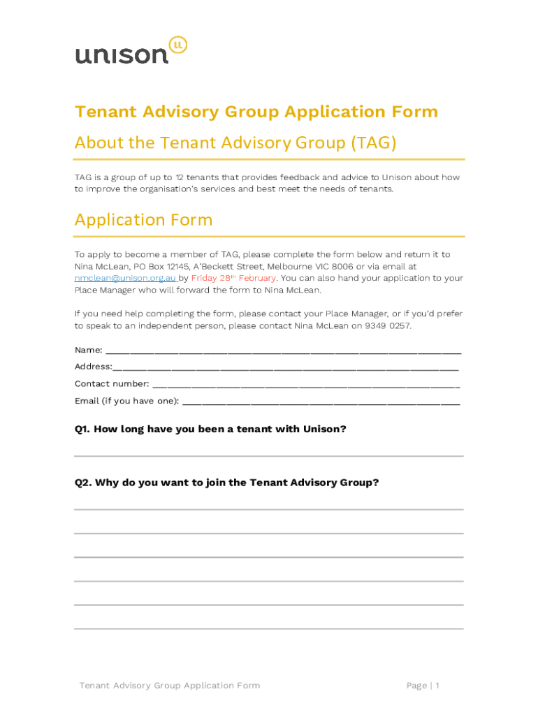Fillable Online About the Tenant Advisory Group (TAG) Application Form