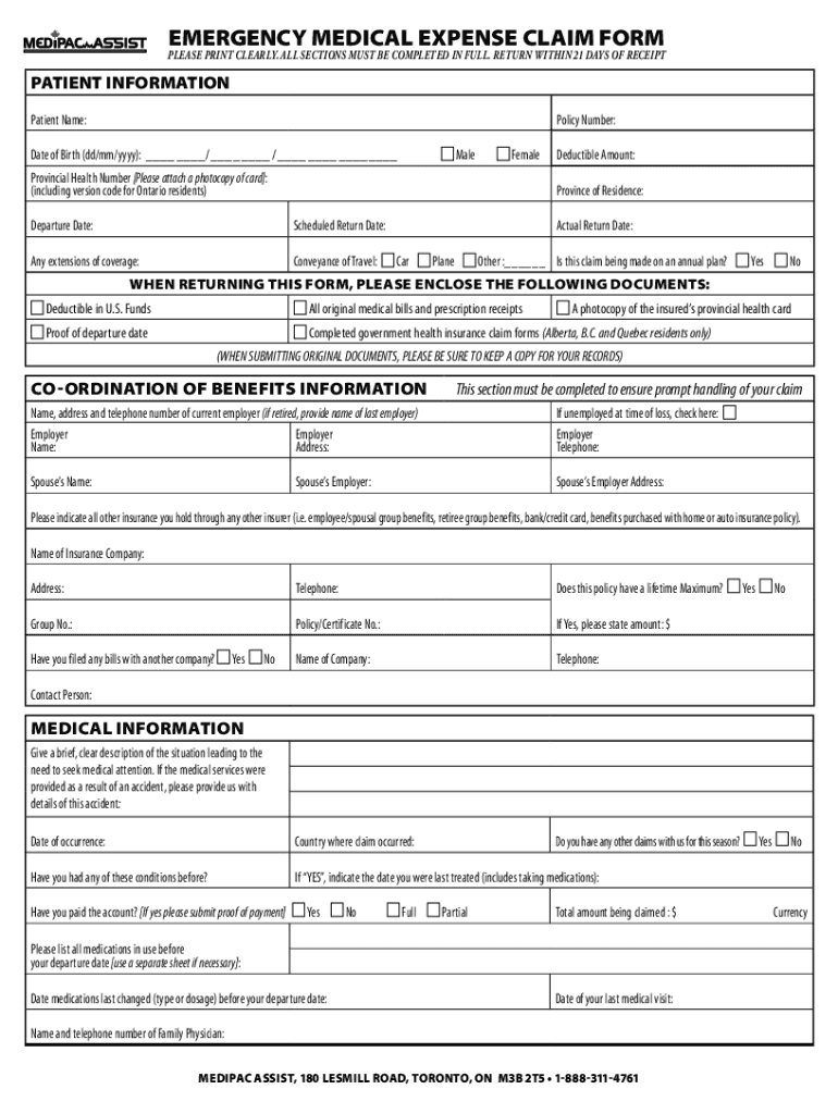 Fillable Online Fillable Online EMERGENCY MEDICAL EXPENSE CLAIM FORM