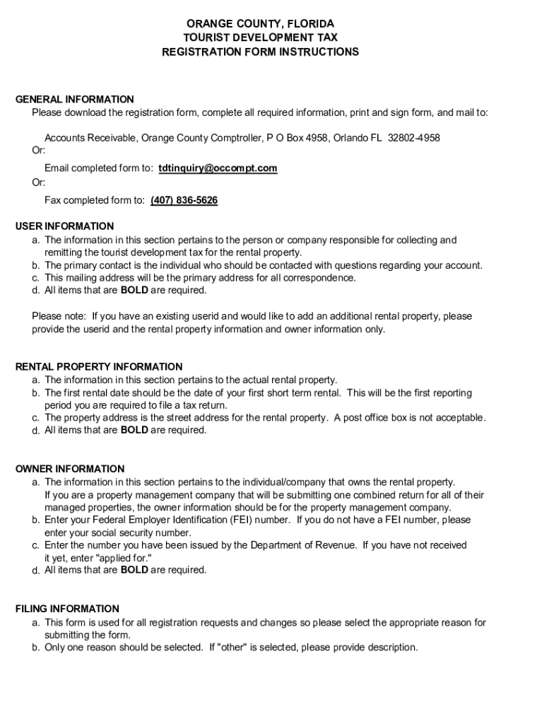 Fillable Online ORANGE COUNTY, FLORIDA TOURIST DEVELOPMENT TAX REGISTRATION FORM INSTRUCTIONS