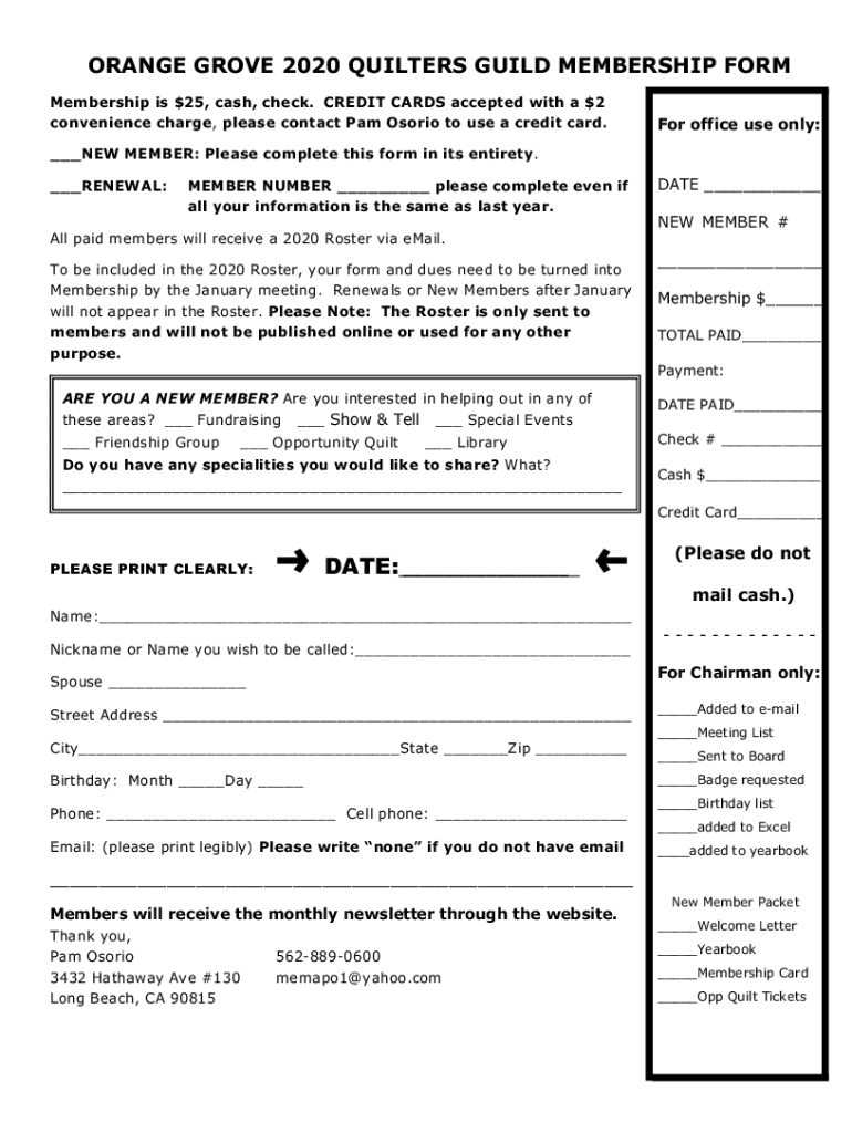 Fillable Online Membership form Orange Grove Quilters Guild Fax Email