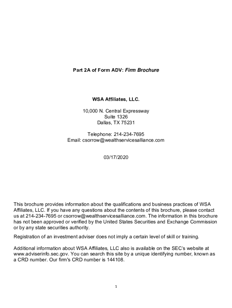 Fillable Online Part 2A of Form ADV - WSA Affiliates- 03.17.20.docx Fax ...