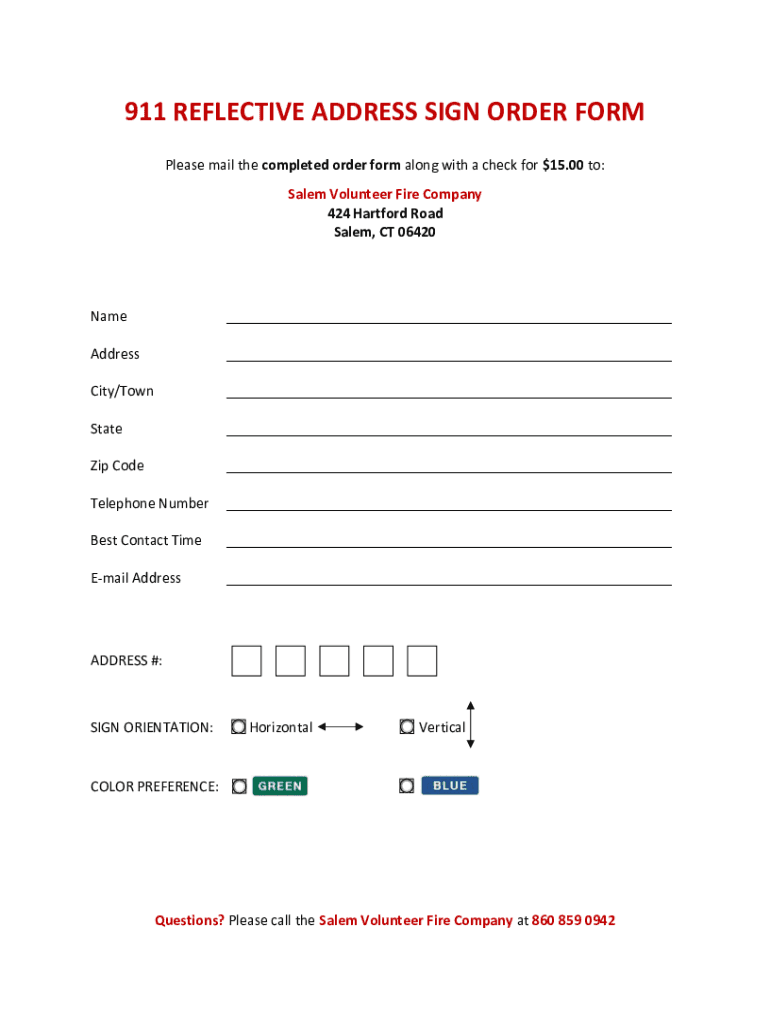 911 REFLECTIVE ADDRESS SIGN ORDER FORM - Salem Volunteer Fire Preview on Page 1