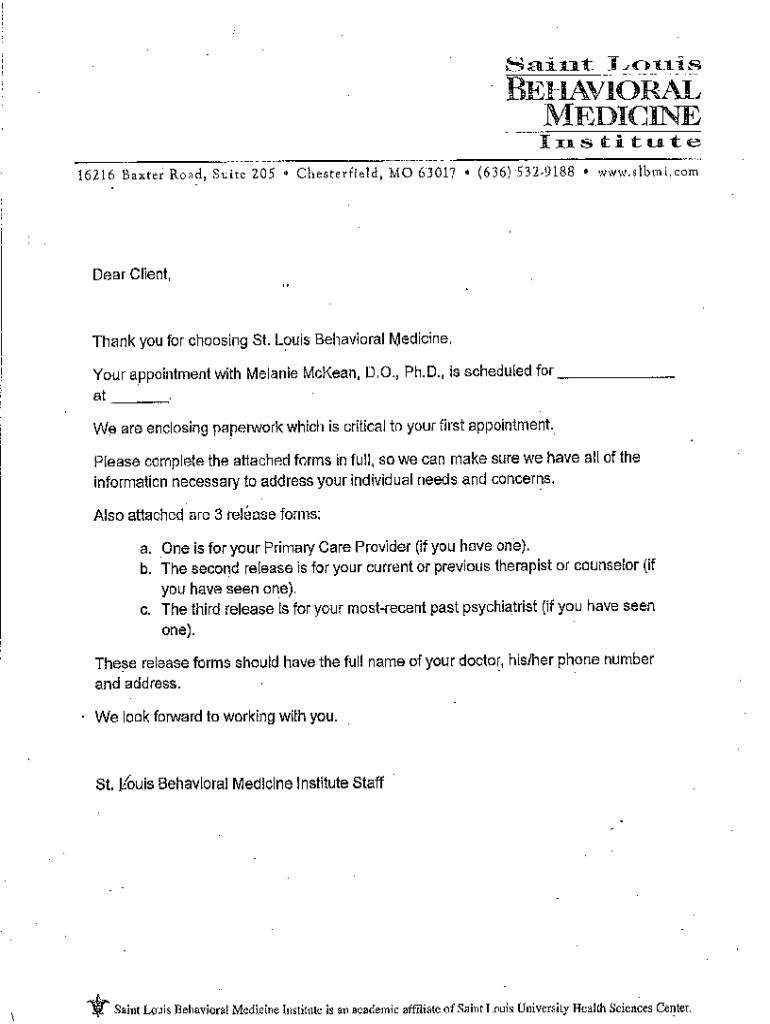 Fillable Online St. Louis Behavioral Medicine Institute St. Louis