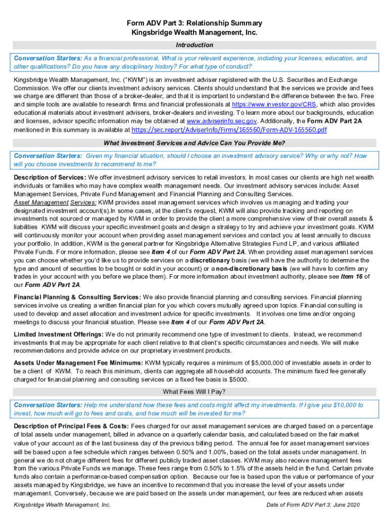Fillable online form adv part 3 relationship summary prairie wealth