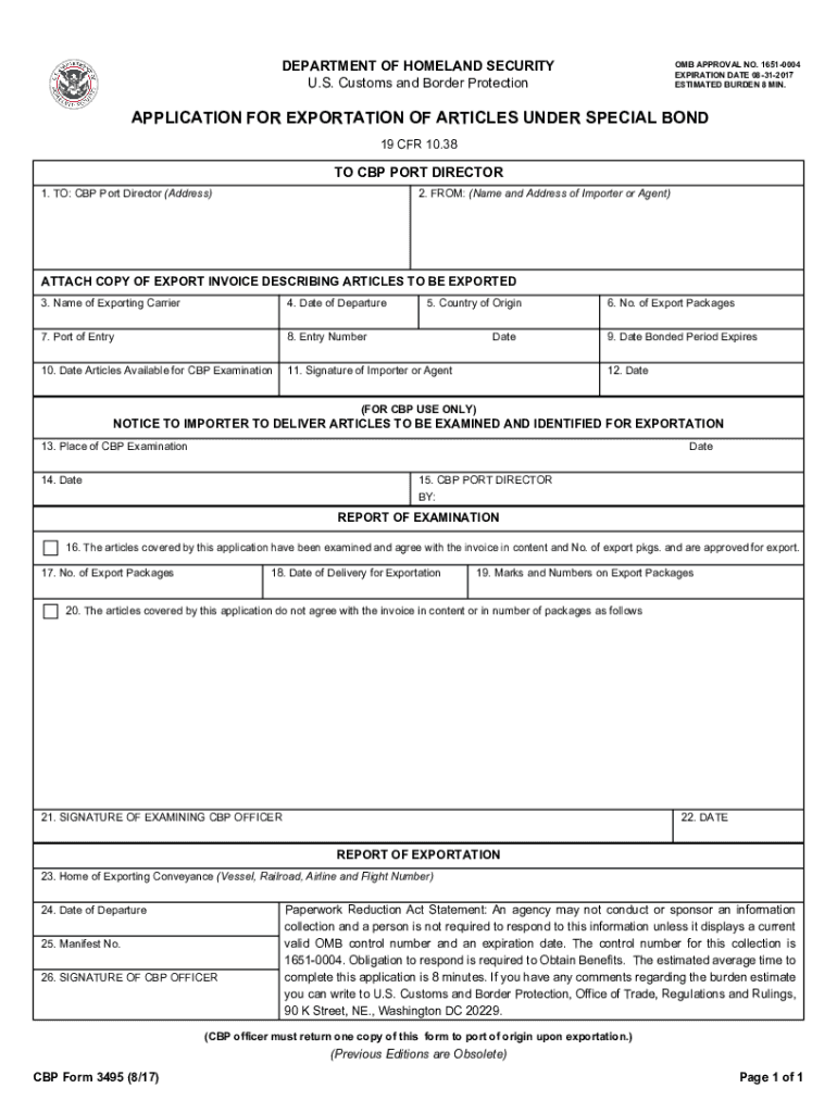 CBP Form 3495 APPLICATION FOR EXPORTATION OF ARTICLES UNDER SPECIAL BOND Preview on Page 1