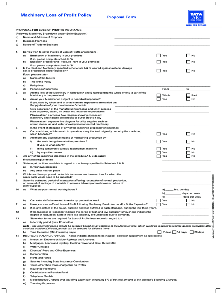 Fillable Online Loss of Profits following Machinery Breakdown Insurance