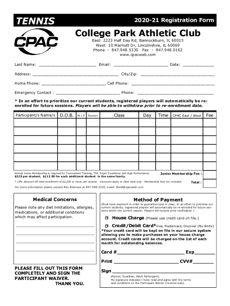Fillable Online TENNIS 202021 Registration Form College Park Athletic