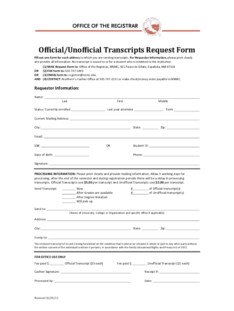 Fillable Online Official Unofficial Transcripts Request Form.docx Fax ...