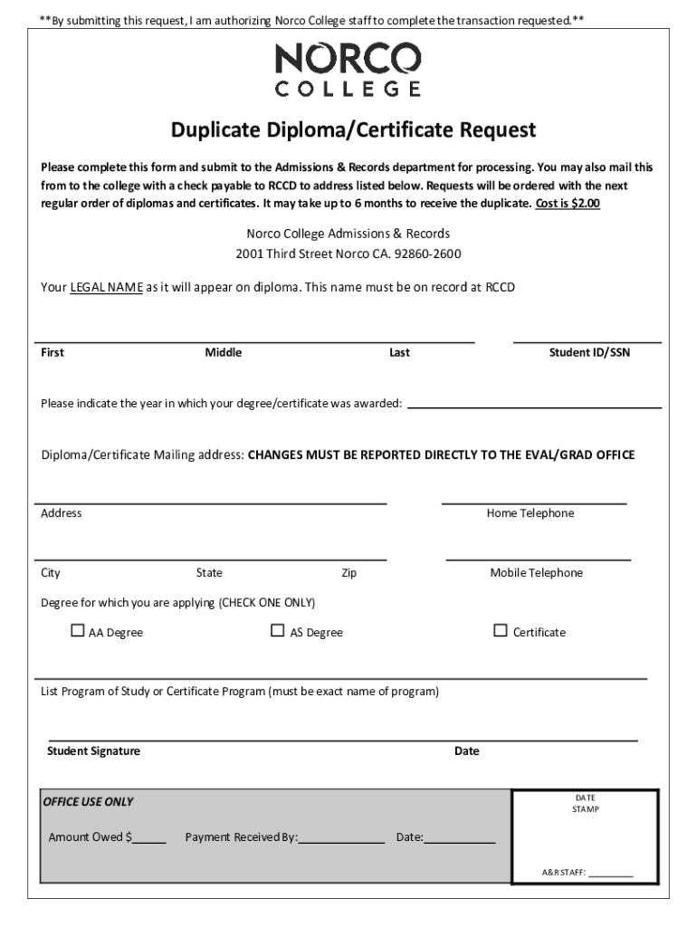 Fillable Online Duplicate Diploma/Certificate Request Norco College