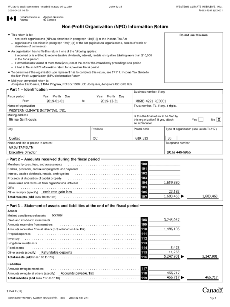 Fillable Online Form T1044, NonProfit Organization (NPO) Information