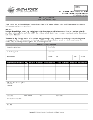 Fillable Online RMA Request Form for End User - Athena Power Fax Email ...