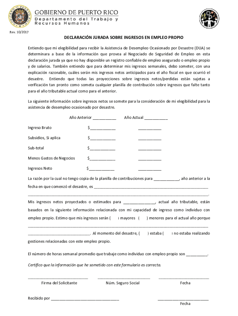 Disaster Unemployment Assistance Self-Employment Income Affidavit Preview on Page 1