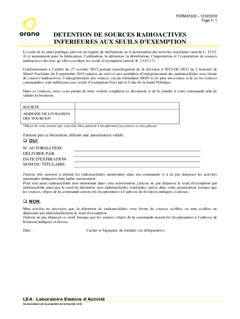 Remplissable En Ligne FORM 815 SOURCE INFERIEURE SEUIL EXEMPTION