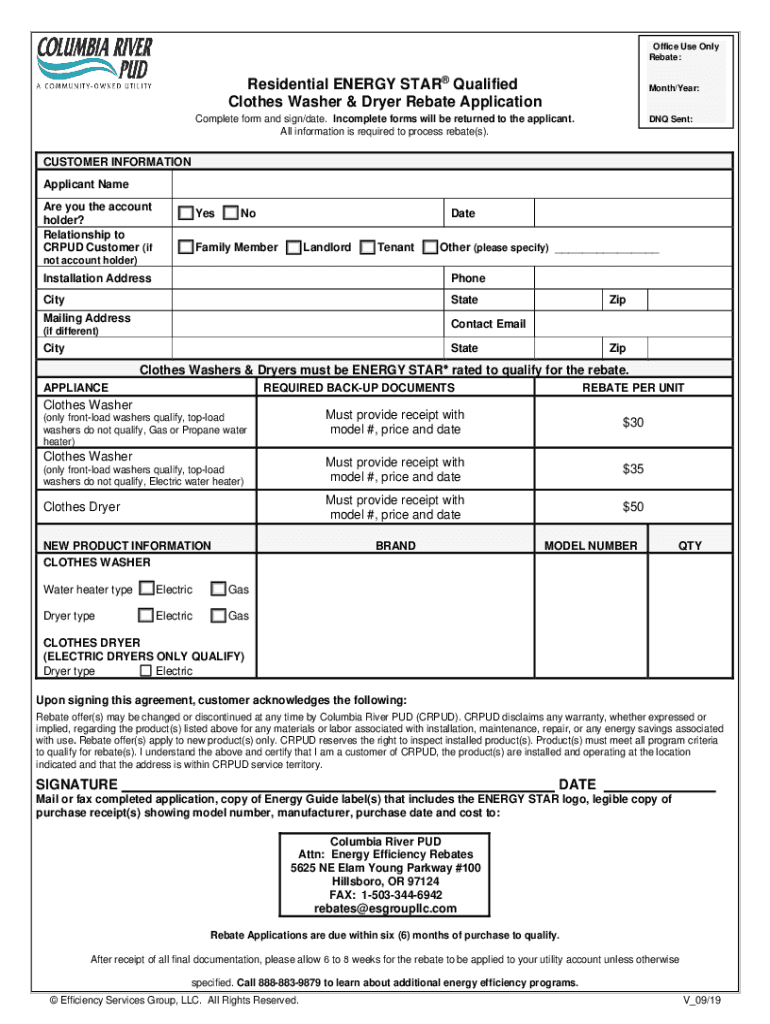 Fillable Online CRPUD Res Clothes Washer & Dryer Rebate Form Fax Email Print pdfFiller