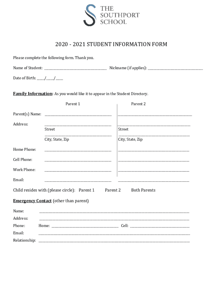Fillable Online 2020 - 2021 STUDENT INFORMATION FORM Fax Email Print ...