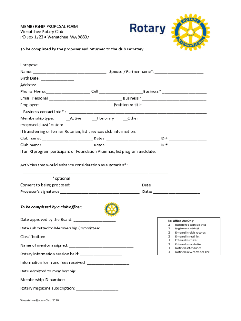 MEMBERSHIP PROPOSAL FORM Wenatchee Rotary Club PO Box 1723 Preview on Page 1