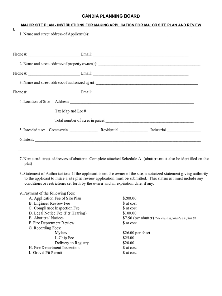 Fillable Online Major Site Plan Application Candia Planning Board Fax