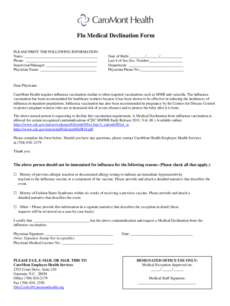 Fillable Online Flu Medical Declination Form Charlotte AHEC Fax Email