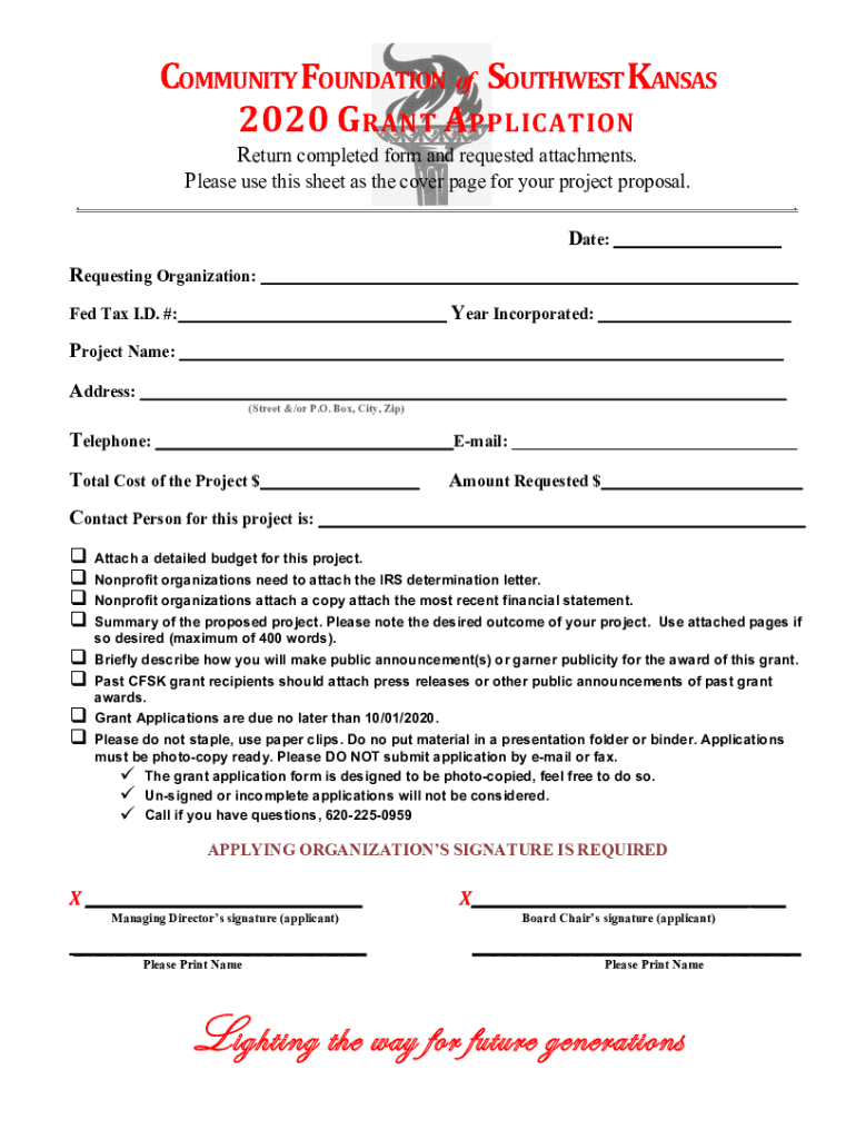 Fillable Online Grant Application Cover Sheet Community Foundation of