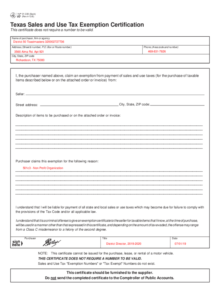 Fillable Online Texas Sales and Use Tax Exemption Certification01-339 ...