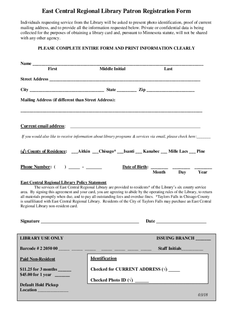 Fillable Online Account LoginEast Central Regional Library Catalog Fax