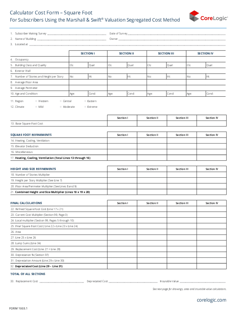 Marshall Swift Calculator Cost Form Preview on Page 1
