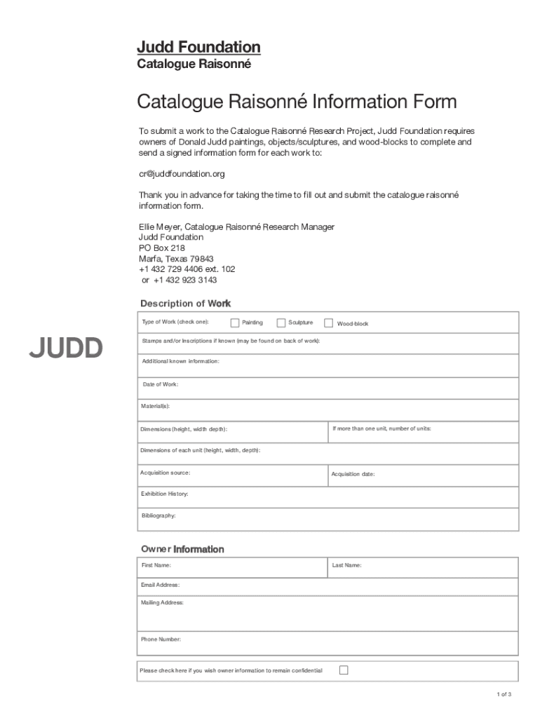 Fillable Online Donald Judd Catalogue Raisonne Form Fax Email Print
