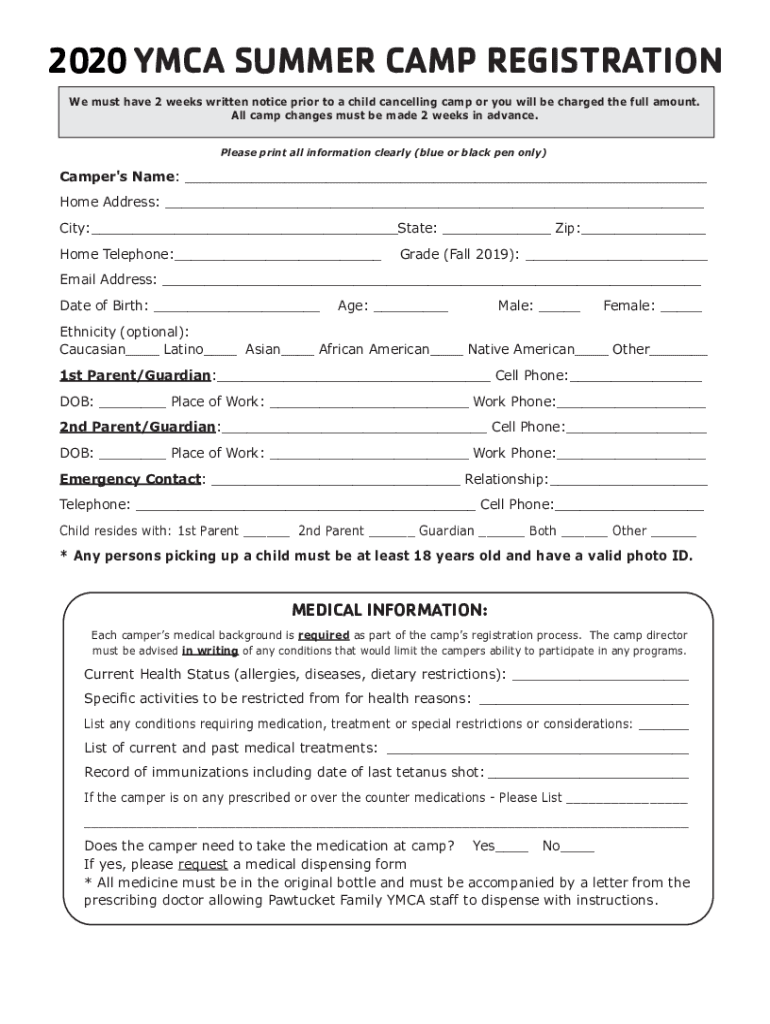 Fillable Online WESTWOOD YMCA REGISTRATION FORM Summer